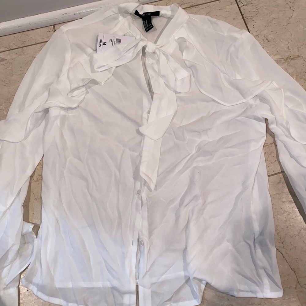 White button up shirt with adjustable bow